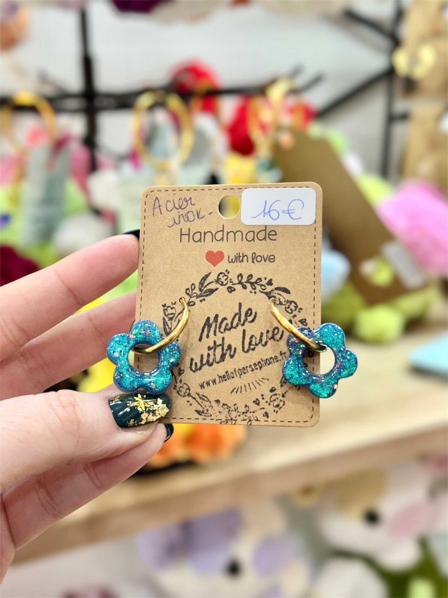 boucles d’oreilles créoles fleurs interchangeables résine paillettes acier inoxydable