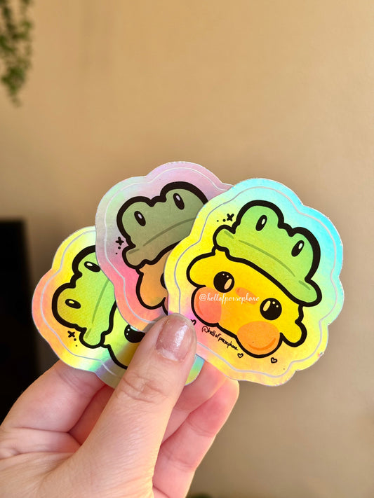 sticker autocollant brillant holographique poussin chapeau grenouille, autocollant kawaii, stickers poussin et unique, fait main en France