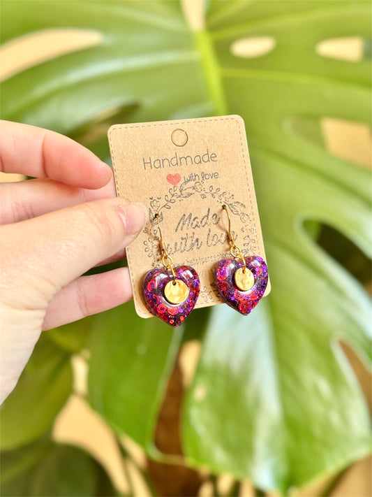 boucles oreilles coeur violet rouge acier inoxydable or resine paillettes, bijoux pour femme pour la saint valentin, acier chirurgical hypoallergénique