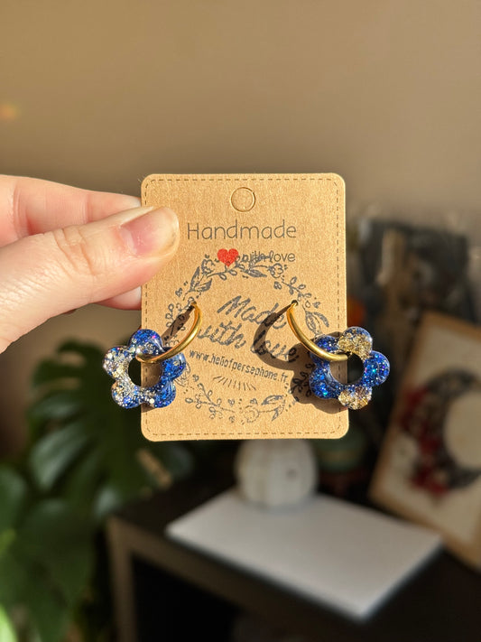 boucles d'oreilles creoles acier inoxydable fleurs resine et paillettes interchangeables