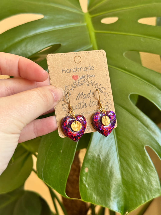 boucles oreilles coeur violet rouge acier inoxydable or resine paillettes, bijoux pour femme pour la saint valentin, acier chirurgical hypoallergénique