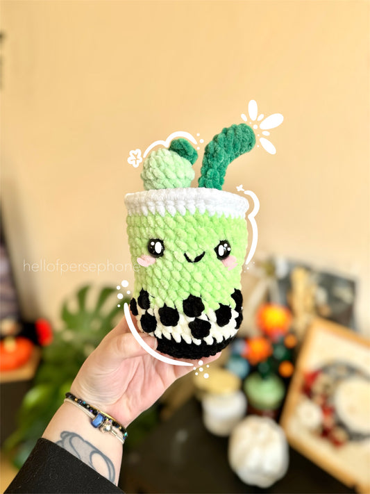 bubble tea amigurumi crochet, bubble tea plushie, bubble tea matcha deco