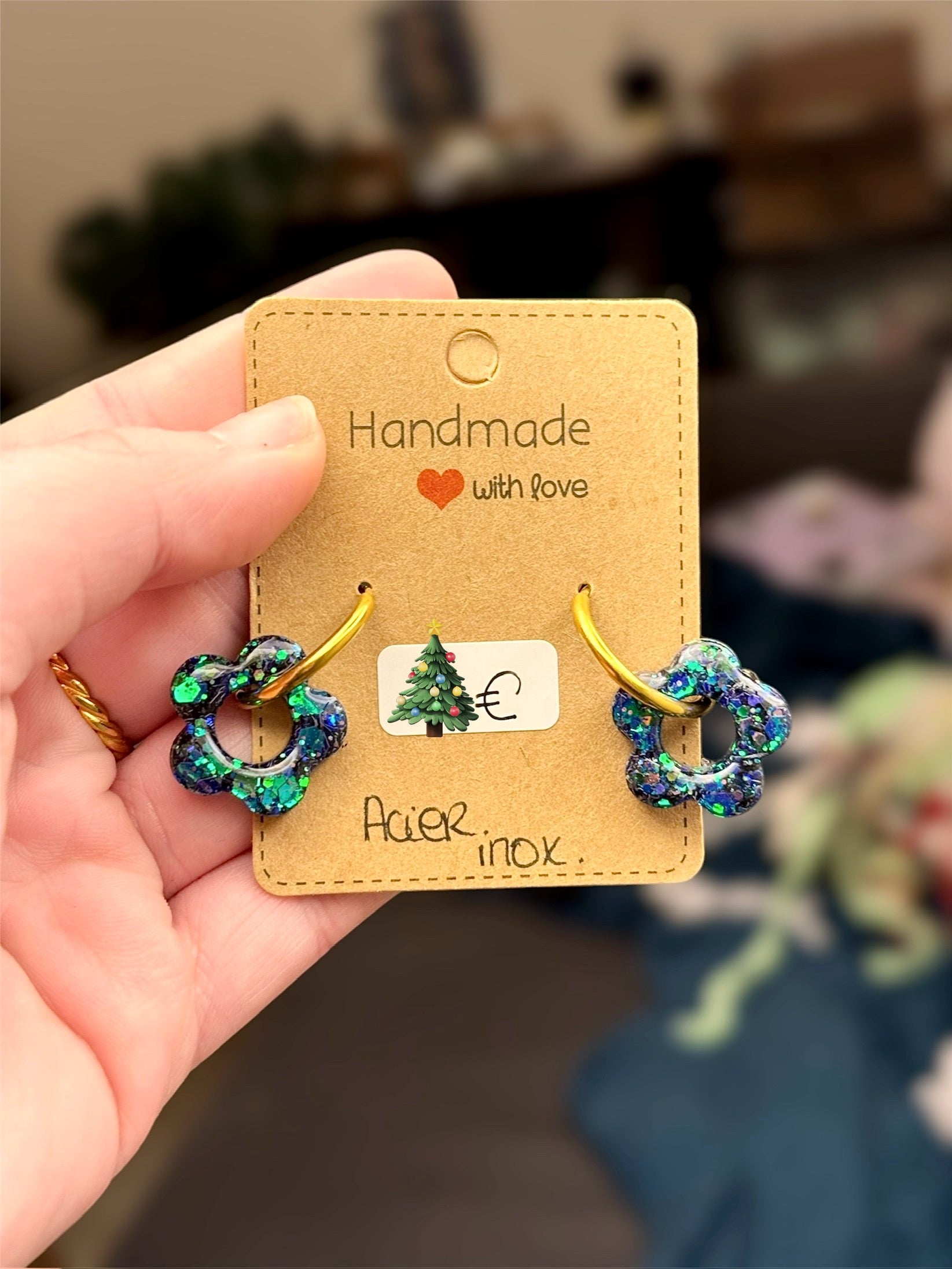 creoles acier inoxydable fleurs resine et paillettes bleu vert, boucles d'oreilles en acier chirurgical pour les oreilles sensibles, légères confortables et hypoallergéniques
