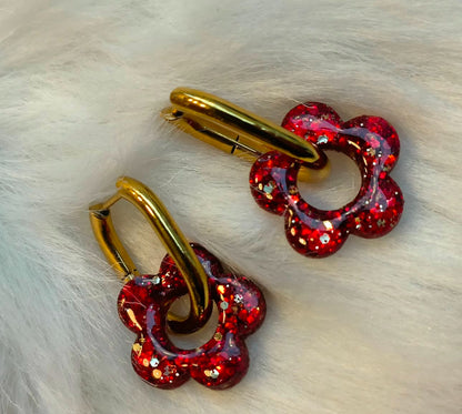 créoles fleurs interchangeables à personnaliser rouges et or acier inoxydable, boucles d’oreilles fleurs résine interchangeables 