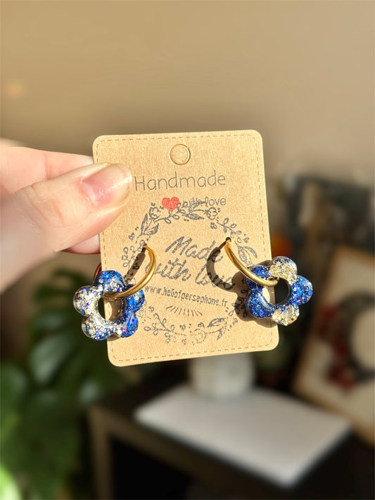 boucles d'oreilles creoles acier inoxydable fleurs resine et paillettes interchangeables