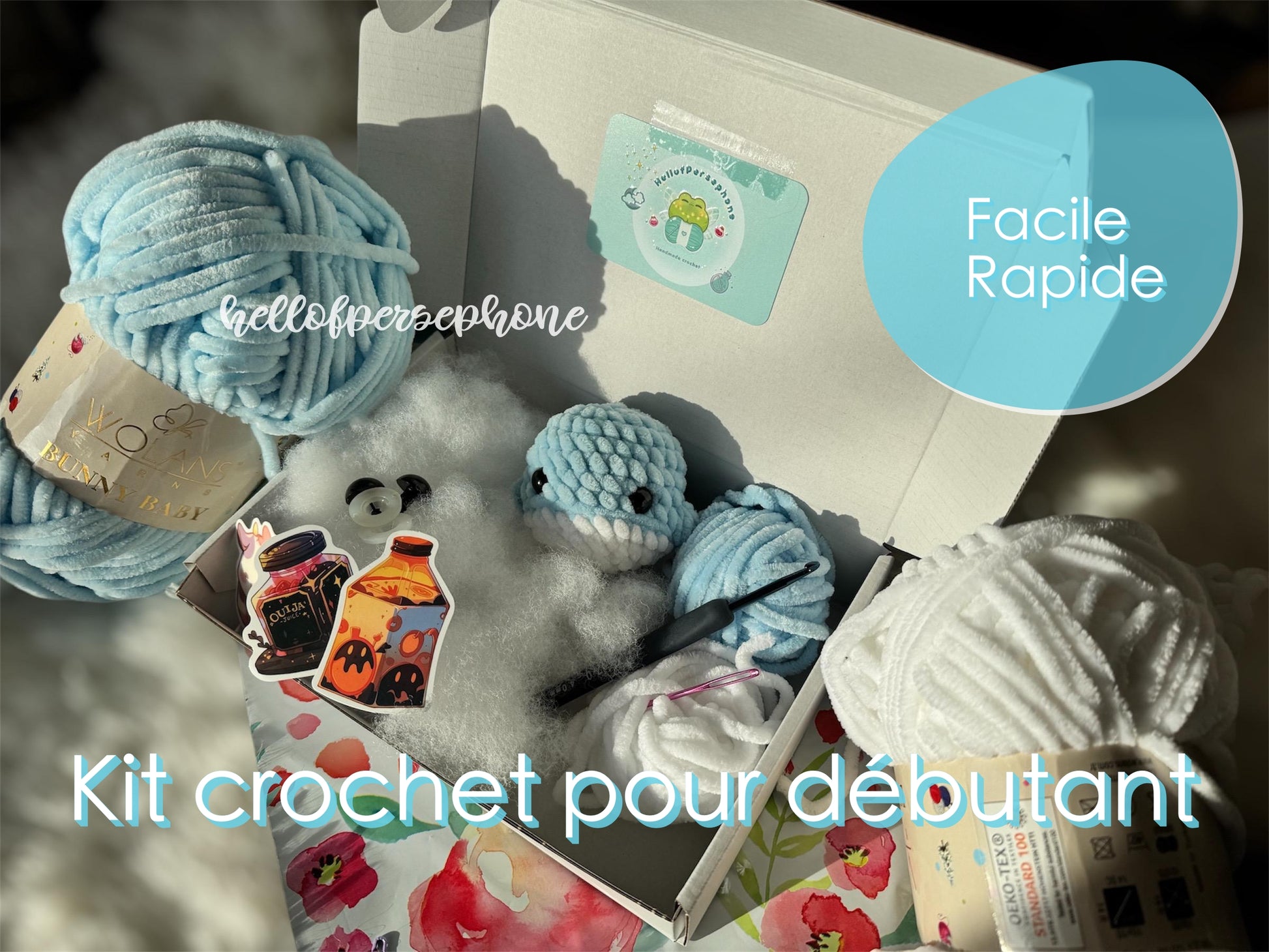 kit crochet pour débutant, kit amigurumi peluche baleine à faire soi-même, kit crochet rapide facile