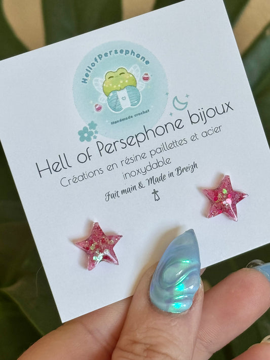 Boucles d'oreilles puces étoiles roses et en acier inoxydable, puces avec des étoiles roses à paillettes et en résine UV, bijoux style sorcière gothique
